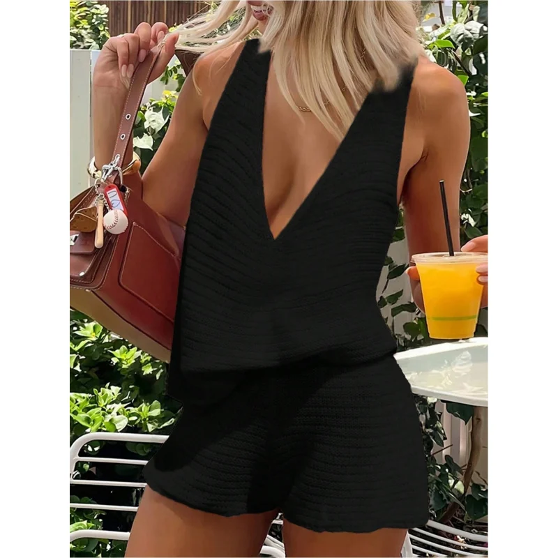Ladies' Top And Shorts Set - a Solid Color Outfit Summer Vacations, Featuring a Deep V Back Design