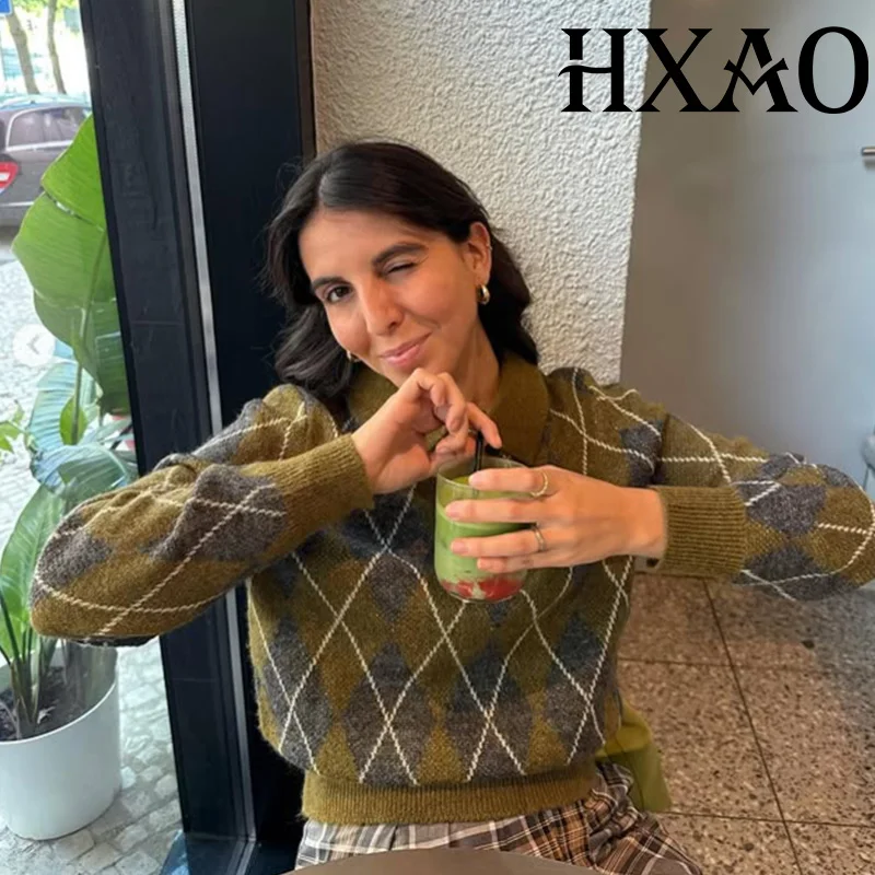 

HXAO Argyle Women's Sweater Knit Pullover Tops Polo Long Sleeve Sweaters & Jumpers Demi-Season Cropped Knitted Sweater Jersey
