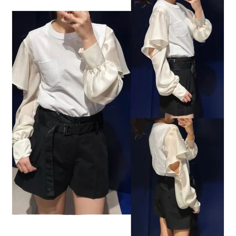 SAC Japanese 26summer splicing casual long-sleeved T-shirt loose round neck off-the-shoulder top