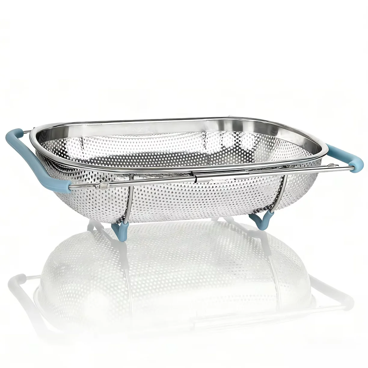 

tastyWay 1 Set Stainless Steel Over Sink Colander with Telescopic Handle - Metal Mesh Strainer Basket for Washing Fruits & Veget