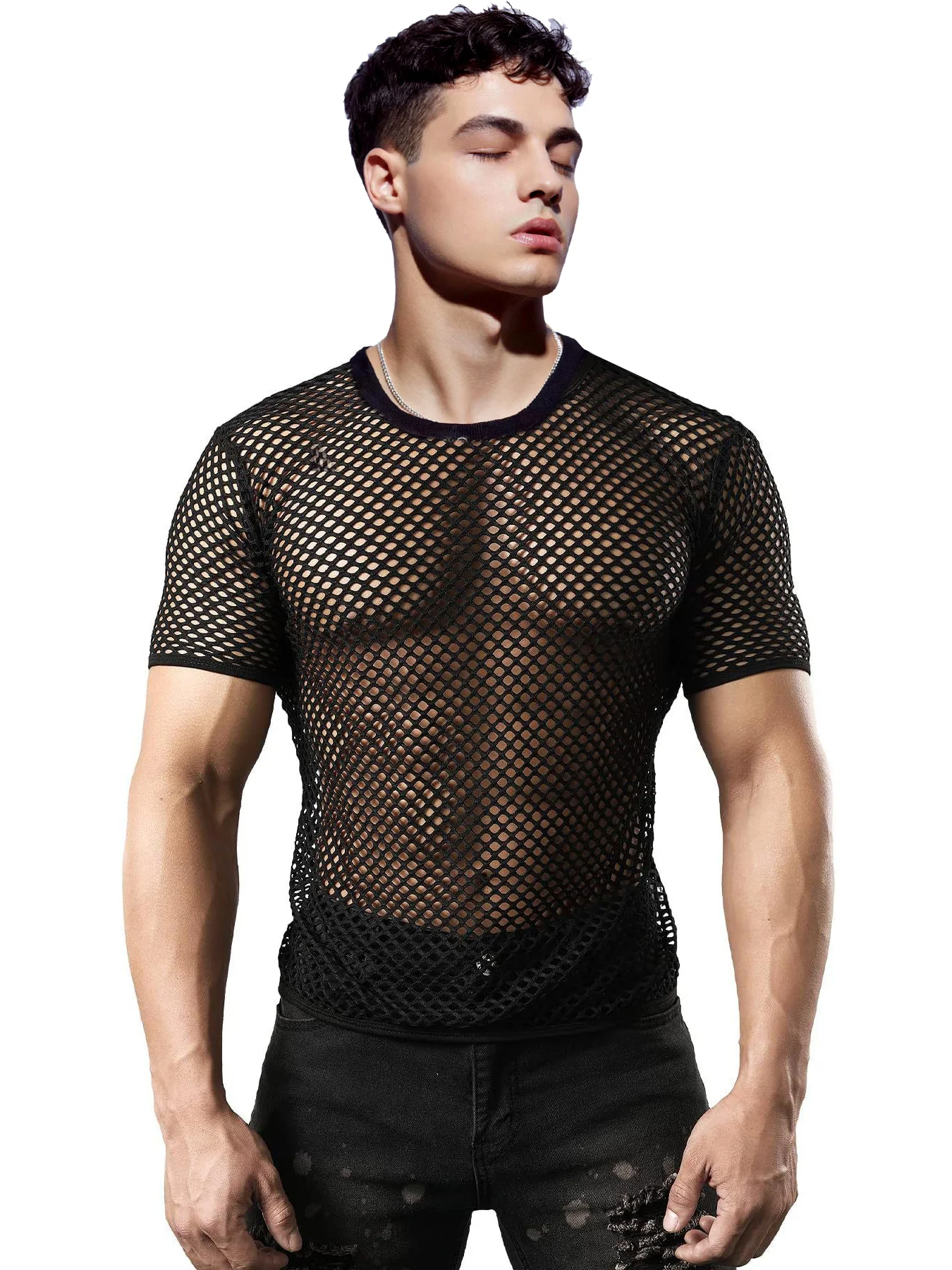 

Sexy Sports Mesh T-Shirt For Men And Women Solid Color Perspective Hollow Top Fishing Net Round Neck Short Sleeved Nightclub