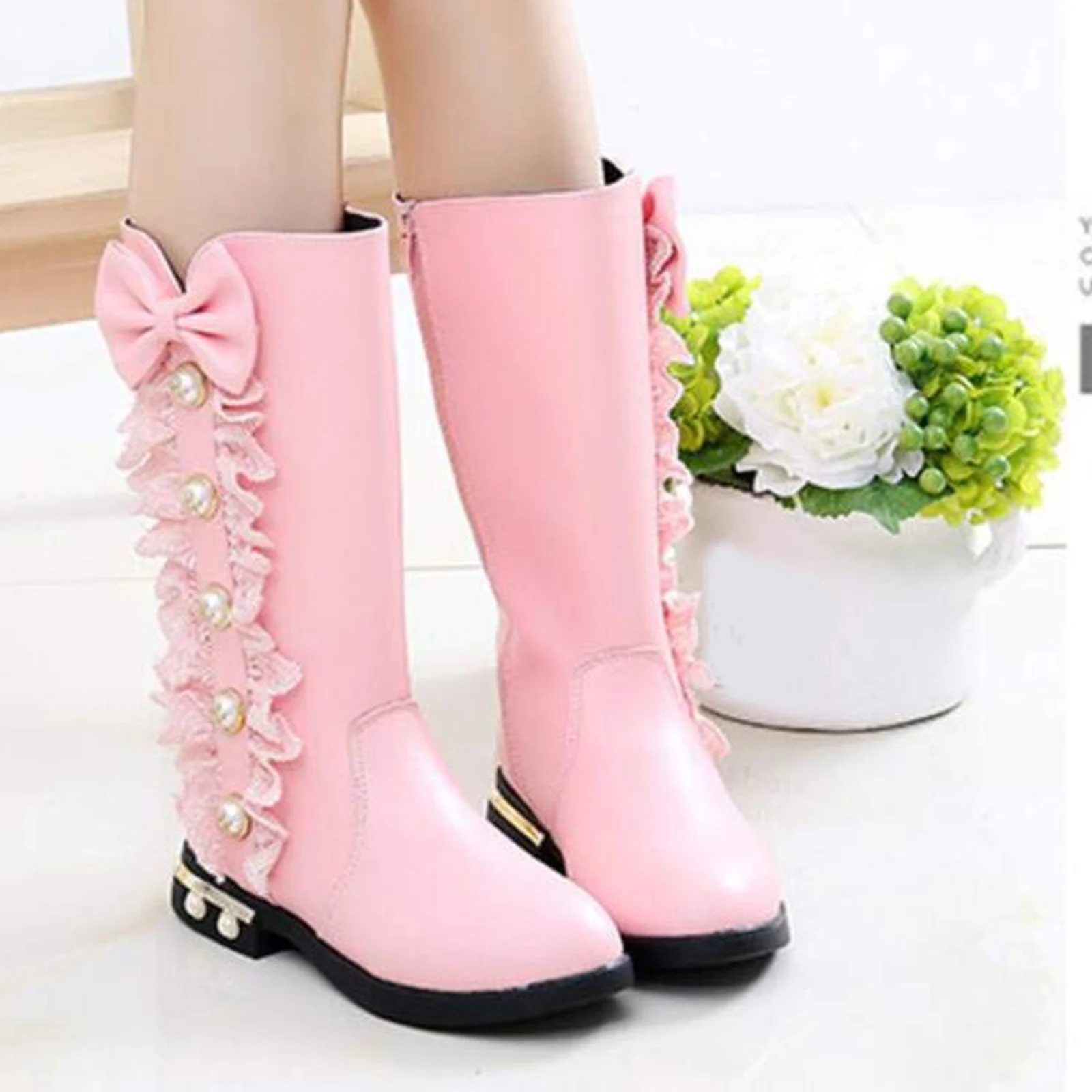 

Fashion Boots Girls' Pink Knee-High Boots Ruffle-Pearl Bow Zip Anti-Slip Toddler Party Daily 2026 Trendy Cute Footwear Traje