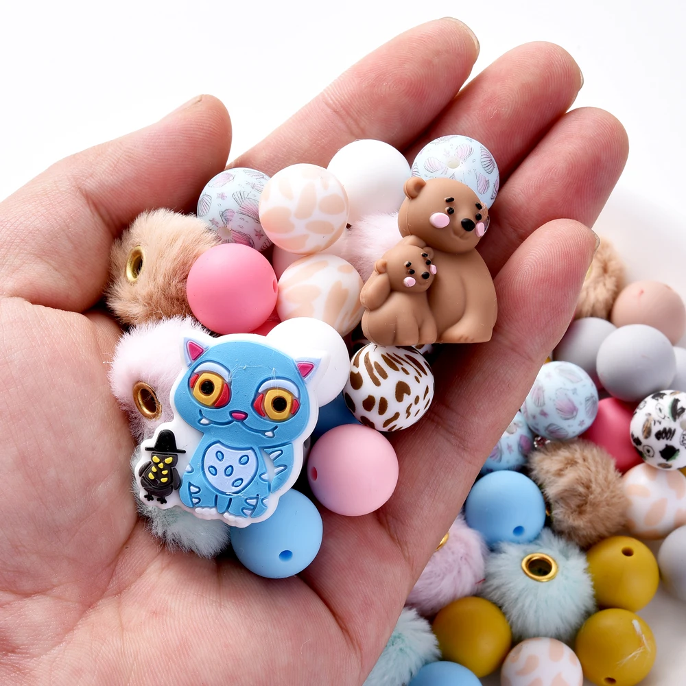 33Pcs Silicone Beads Set Round Polar Bear&Cat Shape Teether Beads for DIY Baby Pacifier Chains Jewelry Accessories BPA Free