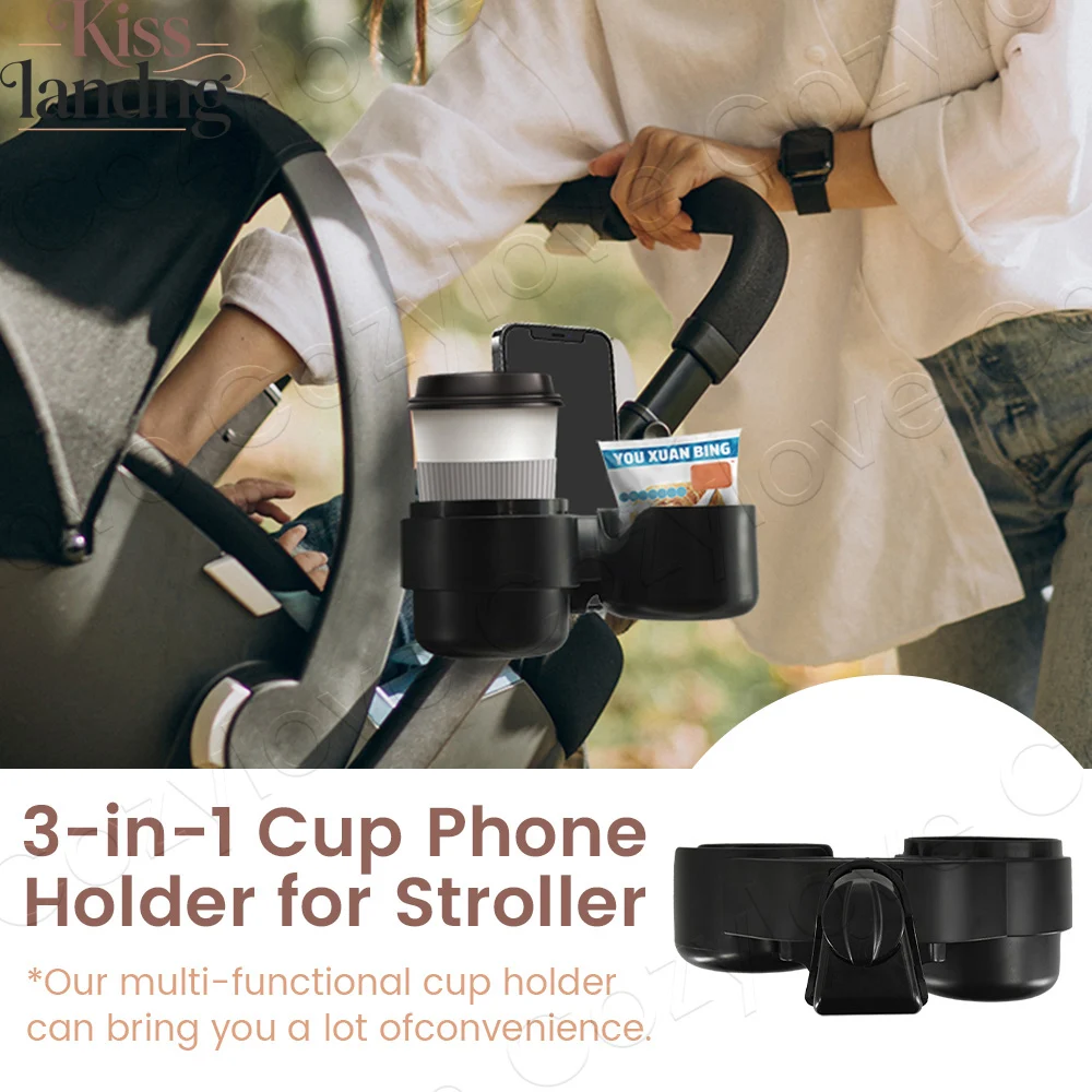 2-in-1 Stroller Snack Tray with Cup Holder, Features Non-Slip Surface & One-Button Release for Most Strollers
