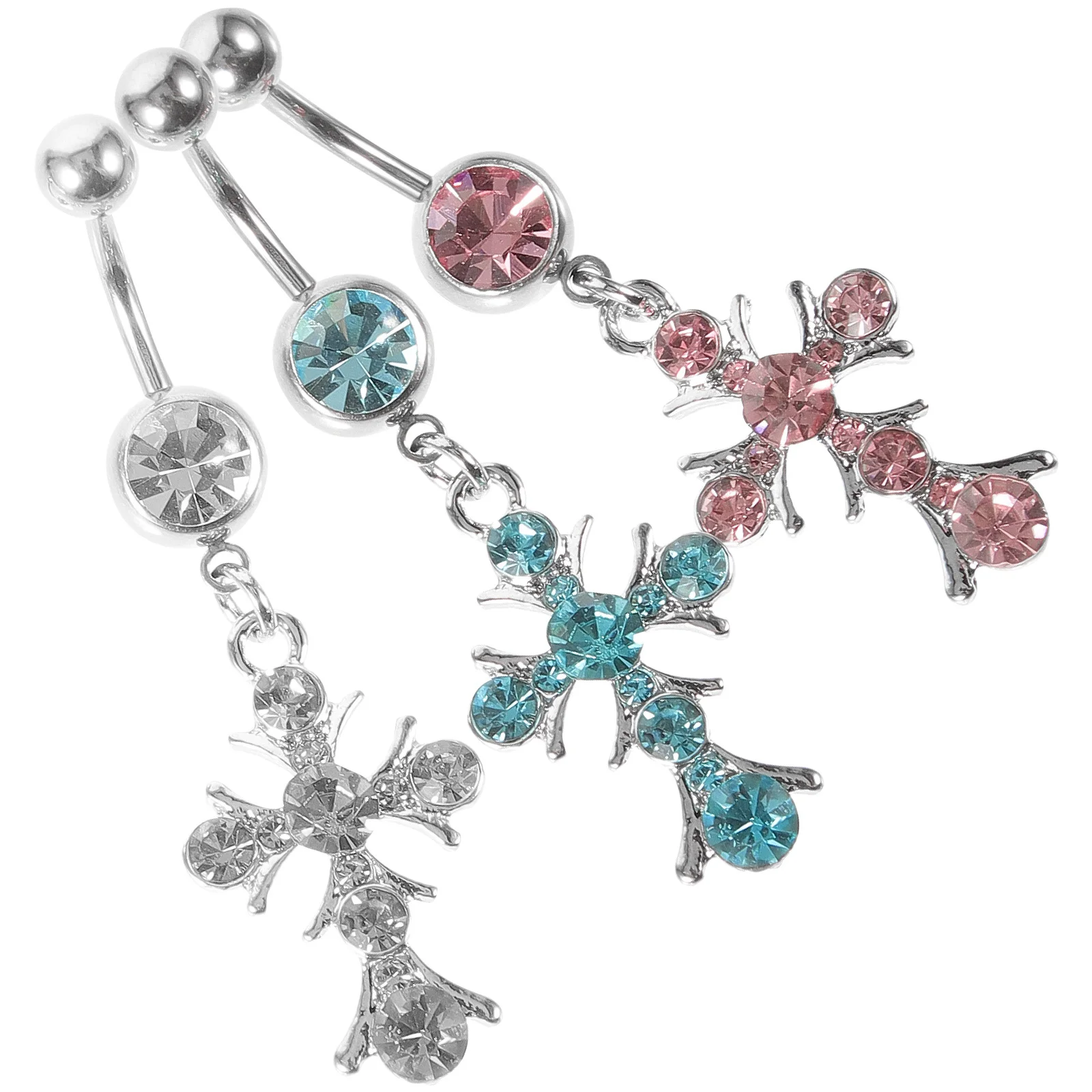 3Pcs Rhinestone Belly Ring Cross Design Women Body Jewelry Elegant Navel Piercing Dangle Party Wear Gift Belly Ring