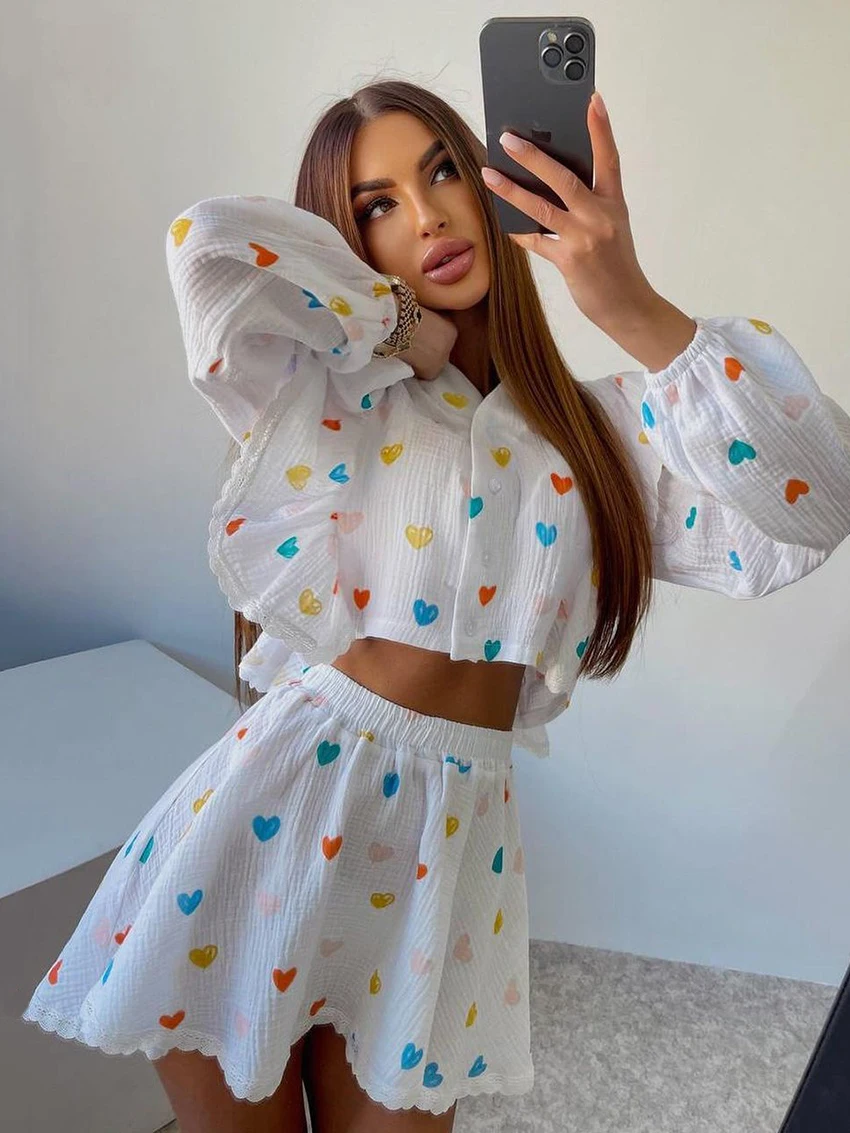 Marthaqiqi Printing Ladies Sleepwear Suit Crop Top Pajama Longs Leeve Nightgown O-Neck Nightwear Shorts Skirt Female Nightie Set