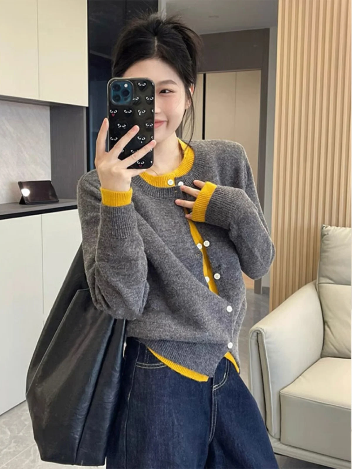 

Gray Thickened Knitted Open Cardigan Women's Autumn Winter Chic New Sweater Jacket Splice Color Design Sense Female Fashion