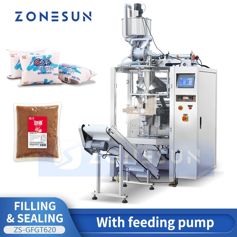 ZONESUN Automatic Paste Piston Pump Filling Sealing Machine Sauce VFFS Packaging Equipment Feeding Pump Sachet Pouch ZS-GFGT620