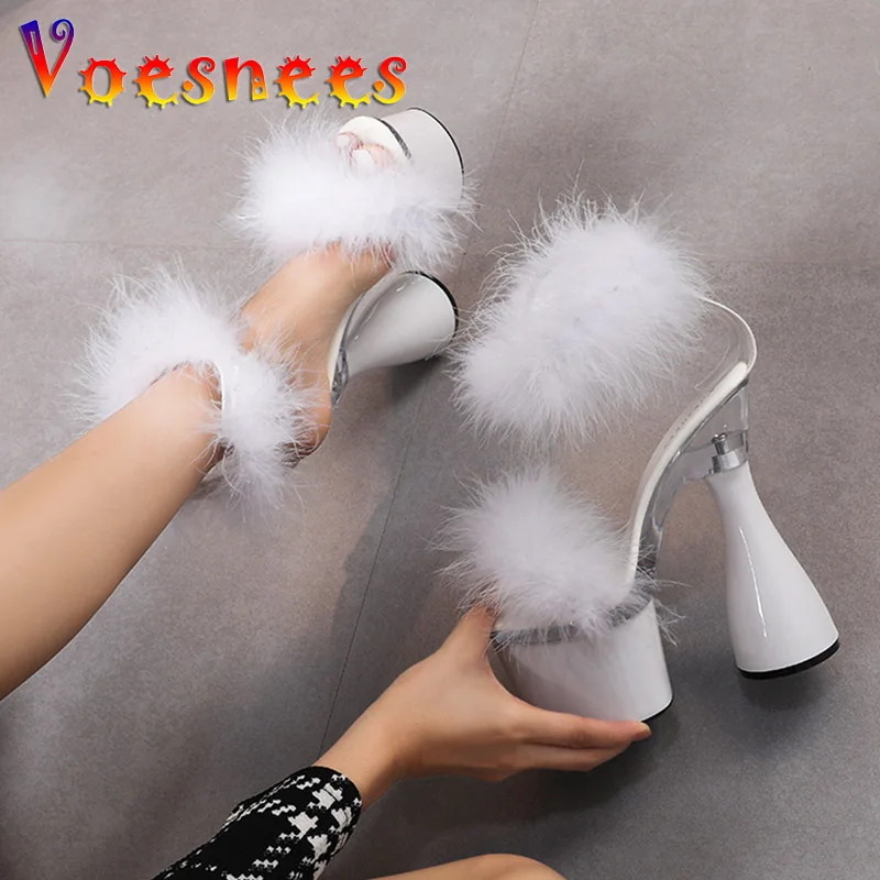 Women\'s 17.5CM Ultra High Heel Black White Red Platform Sandals Summer Fashion Furry Open Toe Nightclub Stage Round Heels Shoes