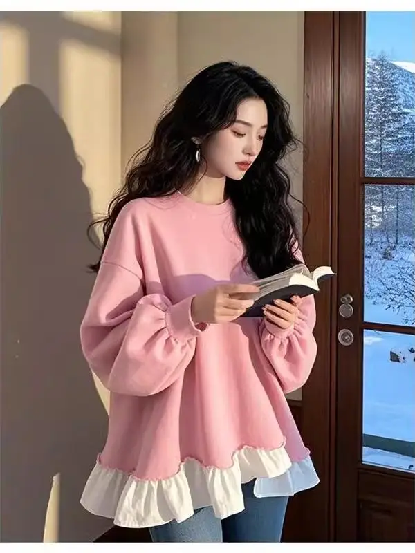 plus Size Pink Lace Trim Sweatshirt Women's Spring Autumn Thin Doll Shirt Lantern Sleeve Top Loose Fit Korean Style Long Sleeve