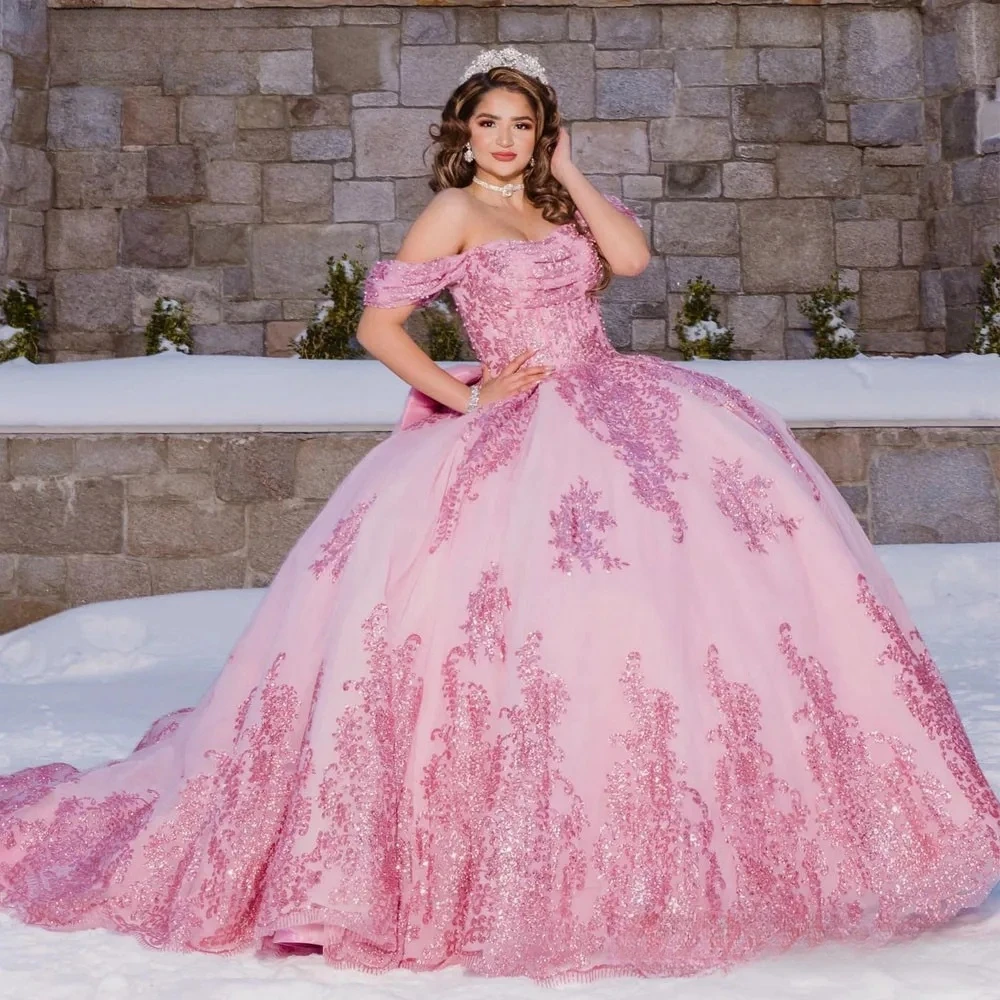 Roze Prinses Quinceanera Jurken Baljurk Van De Schouder Tule Appliques Sweet 16 Jurken 15 Años Mexicaans