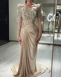 Champagne Mermaid Long Sleeve Pearls Prom Dresses Long for Arabic Women 2025 Square Neck Pleated Formal Evening Gowns Customized