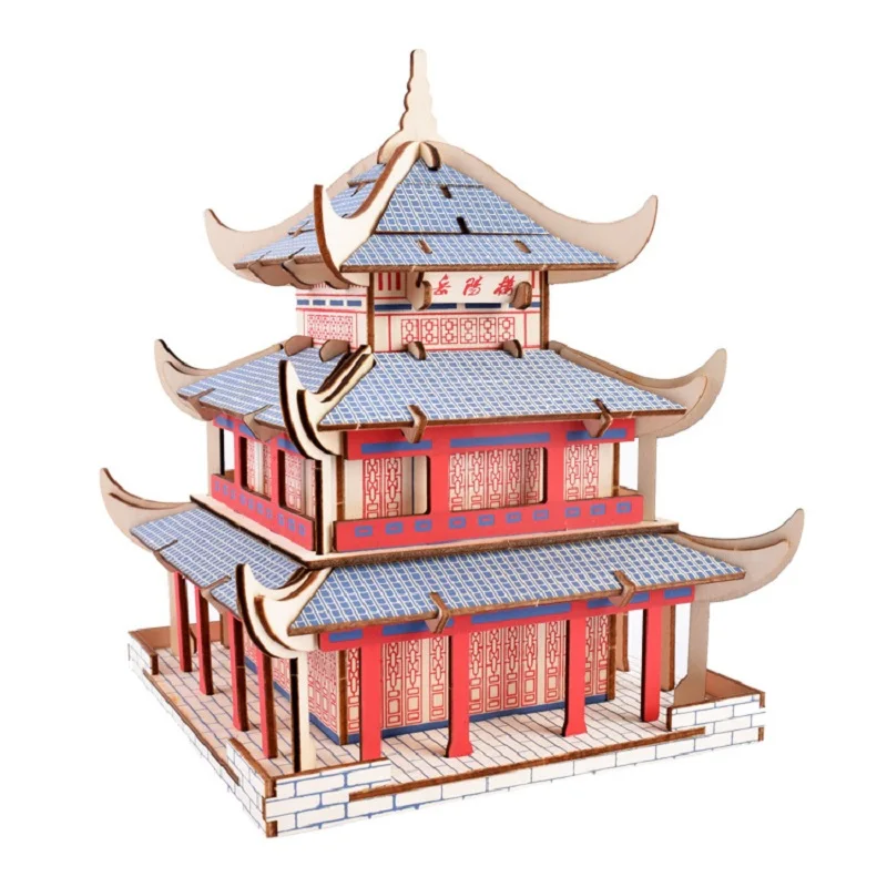 

wooden toy 3D puzzle DIY kit Chinese style ancient building blue roof yueyang tower birthday Christmas gift 1pc