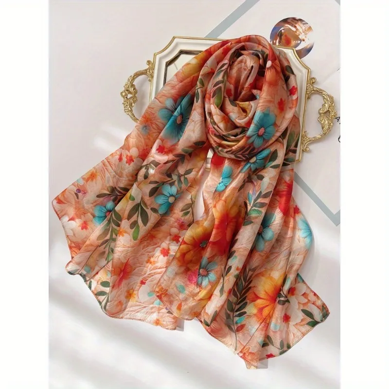 

Lightweight Large 100% Mulberry Silk Scarf for Women Oblong Shawl Neck Scarf Beach Wrap Headscarf Gift Pack Orange Floral Print