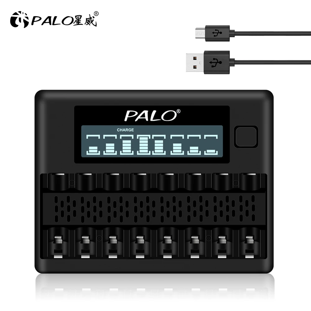 

PALO 8 Slots LCD Smart USB Battery Charger For 1.2V AA AAA NI-MH NI-CD Rechargerable Battery 2A 3A Fast Charging Battery Charger