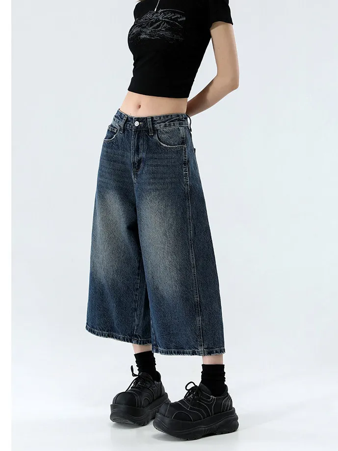

Retro American Washed Distressed Straight Leg Wide Leg Denim Shorts Women Summer New plus Size Slimming Jeans High Waist