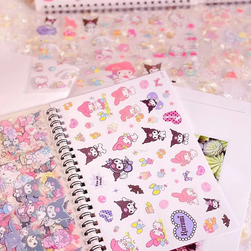 24pcs Sanrio Stickers Coil Book Kawaii Kuromi Melody Transparent Paper Handbook Sticker Material Stationery wholesale Kids Toys