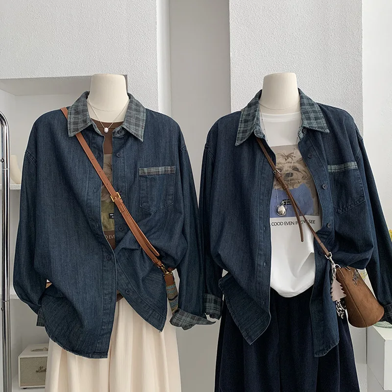 Camisa vaquera con empalme de rejilla para mujer, tops de manga larga holgados y versátiles de longitud media, abrigo informal Vintage a la moda, otoño y primavera