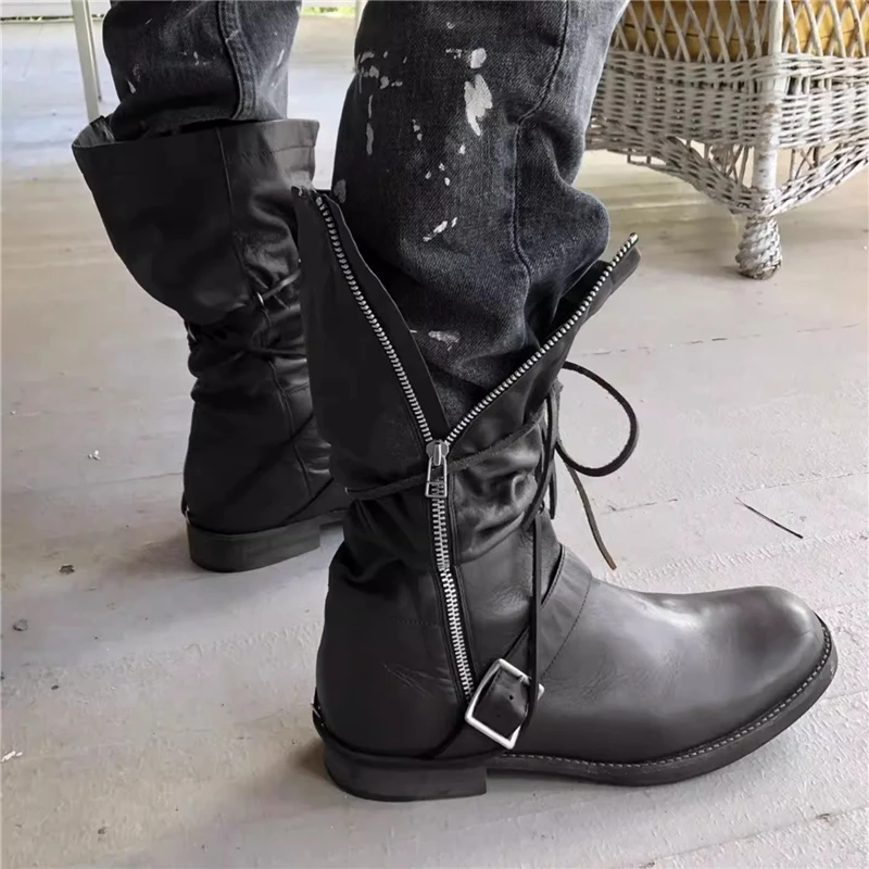 Botas de cavaleiro masculinas de couro macio preto estilo retrô alça cruzada zíper lateral botas de cano médio moda sapatos de cowboy ocidental