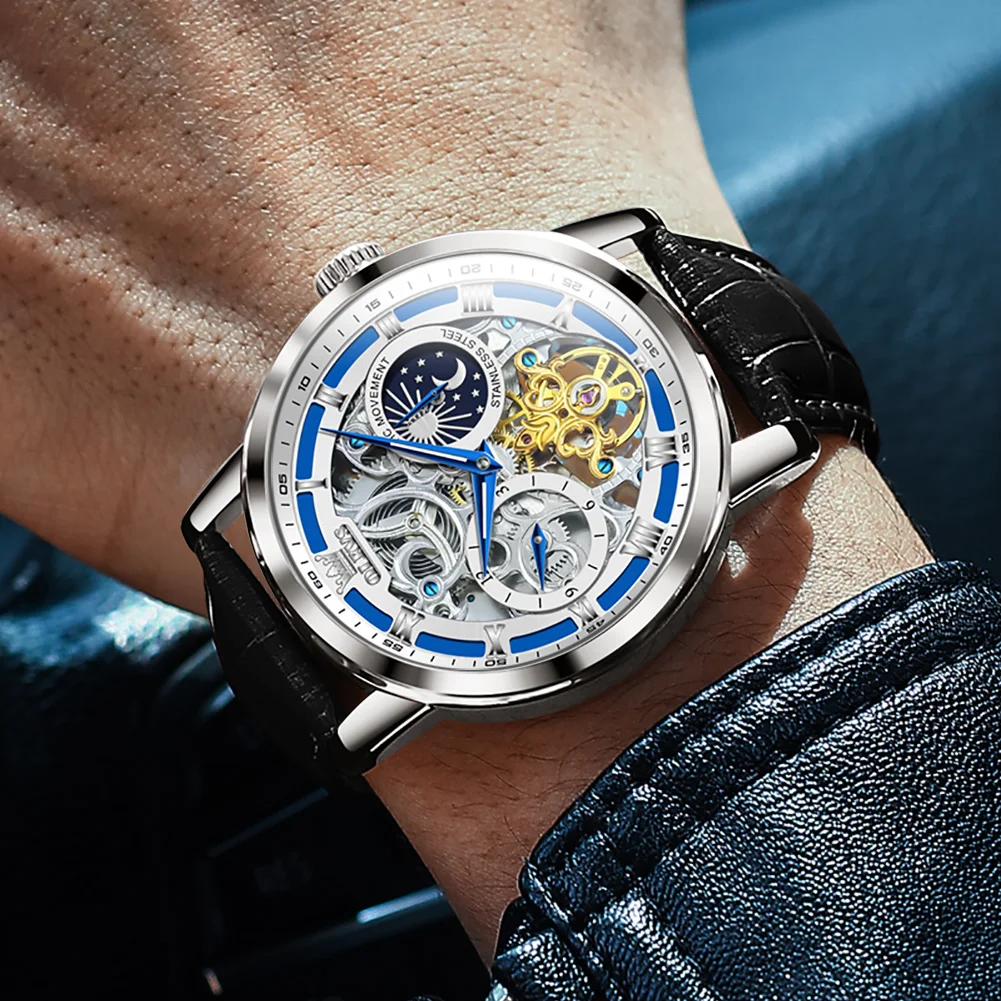 OLEVS Mens Watches Top Brand Luxury Moon Phase Tourbillon Mechanical Watch for Men Automatic Skeleton Watch Relogio Masculino