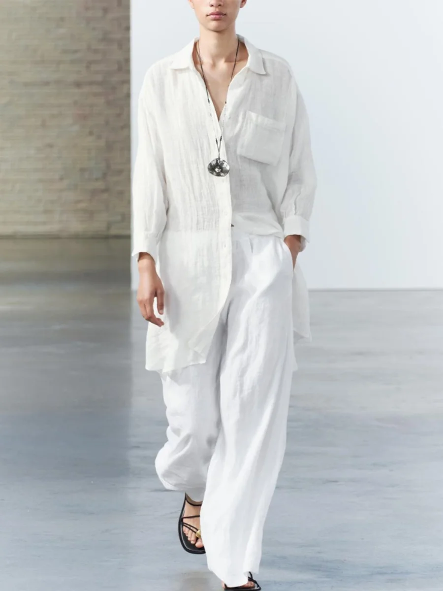 새로운 여름 여성 캐주얼 와이드 레그 팬츠 신축성있는 허리 심플 매치 스트레이트 컷 롱 바지 편안한 패션 통근 스타일