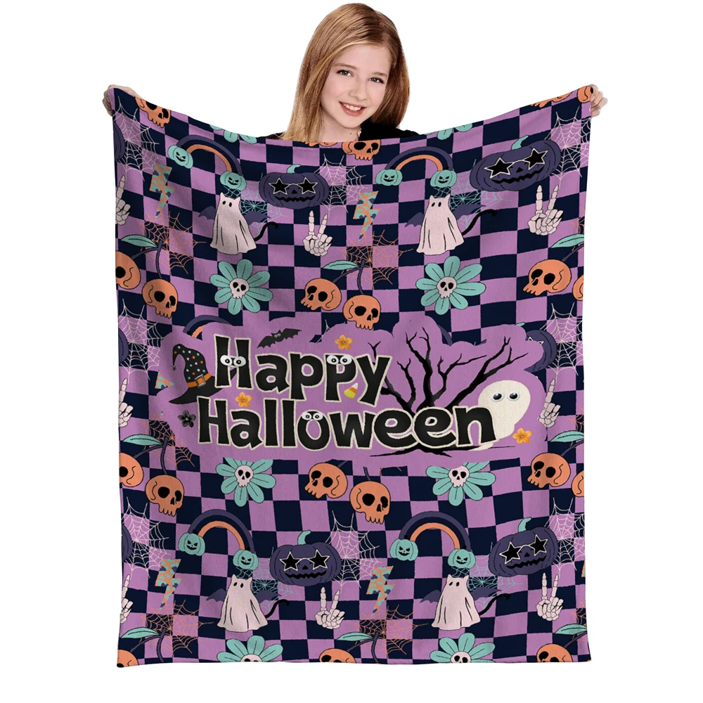 Halloween Themed Flannel Blanket With Spider Web, Hat, Black Bat And Pumpkin Prints, Soft & Cozy Throw Blanket For Bed, Sofa,