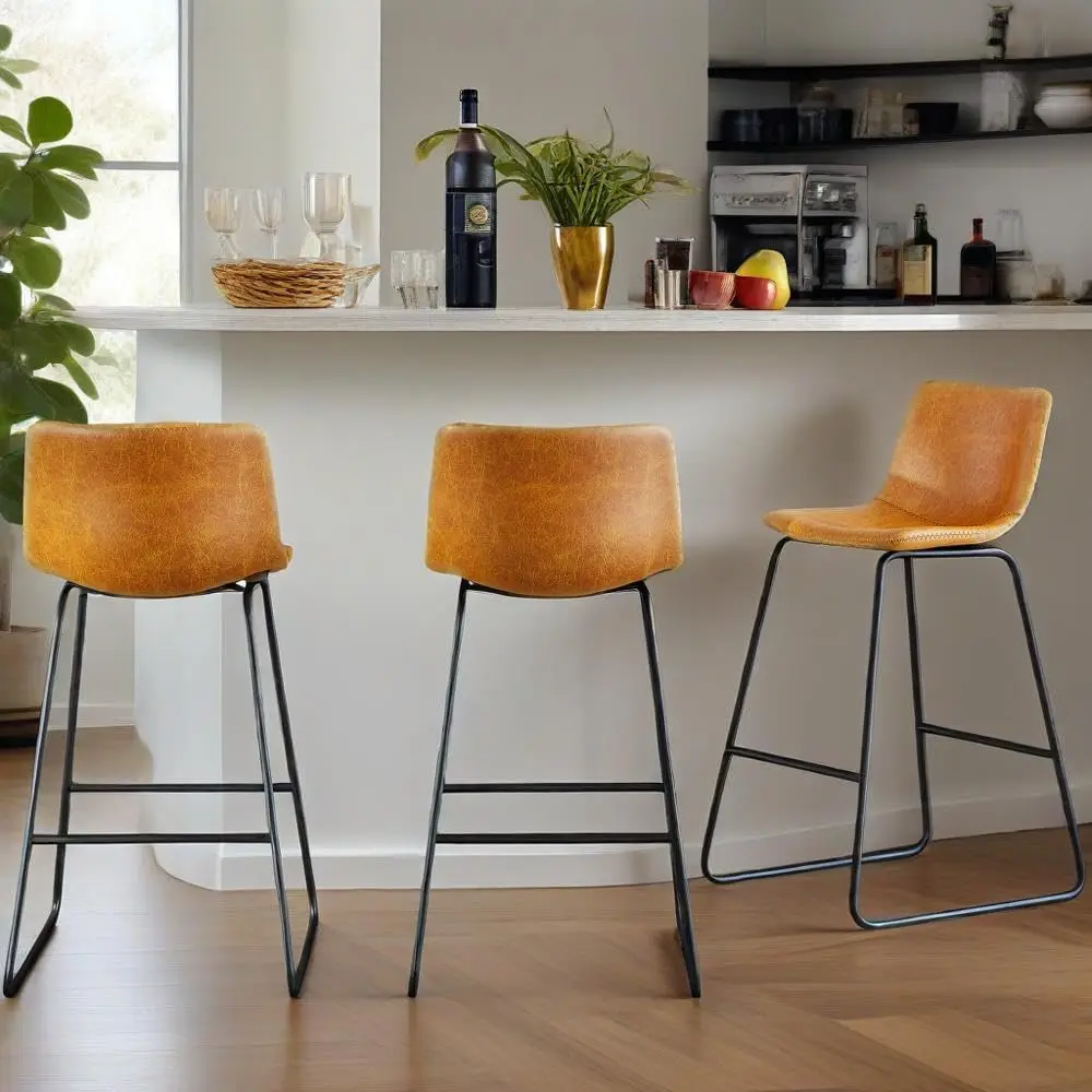 

26-дюймовый барный стул, набор из 3 металлических ножек со спинкой из искусственной кожи, без подлокотников, высокий кухонный стул, коричневый для виски, по индивидуальному заказу