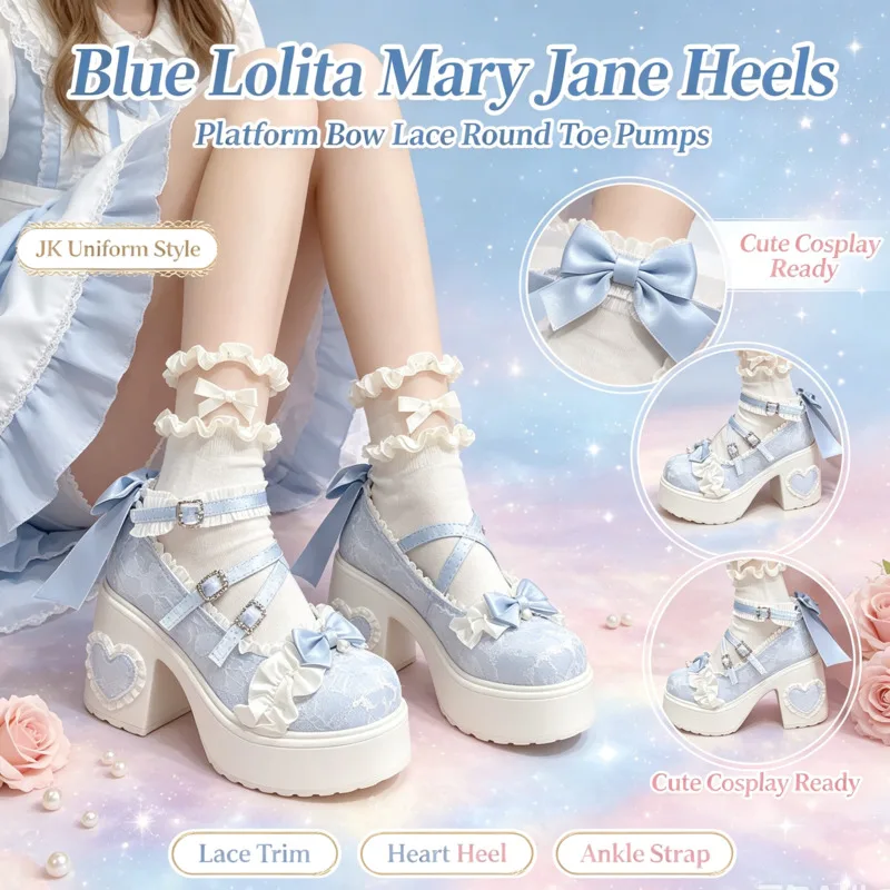 Lolita Mary Jane JK Uniform Cosplay Shoes Girl Blue Platform Heels Cute Bow Lace Round Toe Pumps For Spring Daily Holiday Gift