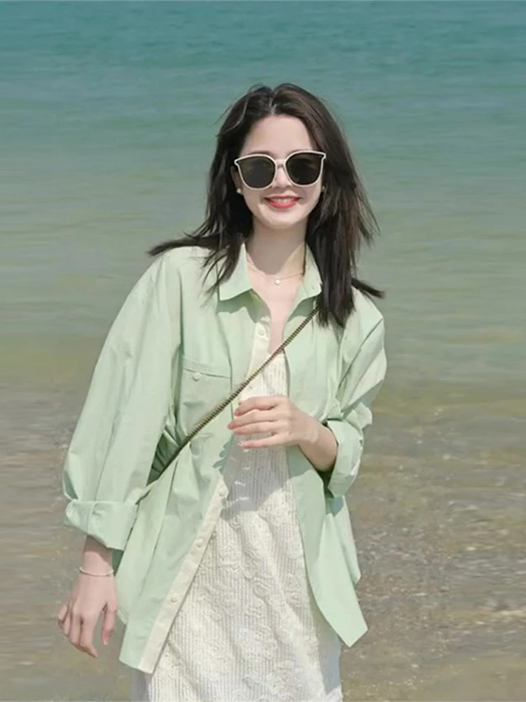 

Green Chic Women's Summer Shirt Sun Protection Slim Fit Long Sleeve Collar Casual Outerwear Spring Autumn Seasonal Top