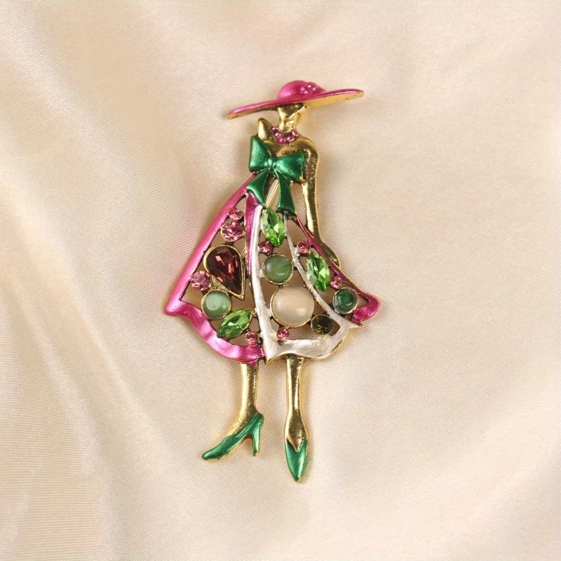 1pc Fashion Womens Unisex Crystal Dress Enamel Enamel Hat Beautiful Girl Brooch Party Office Brooch Gifts