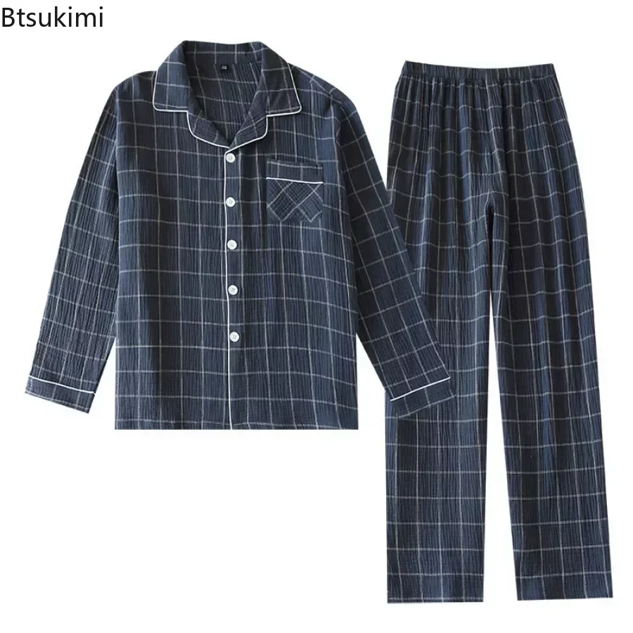 2024 Men\'s Casual Plaid Pajama Sets Soft 100% Cotton Pajamas Lounge for Men Long Sleeved Shirts and Pants Sets Homewear Clothing