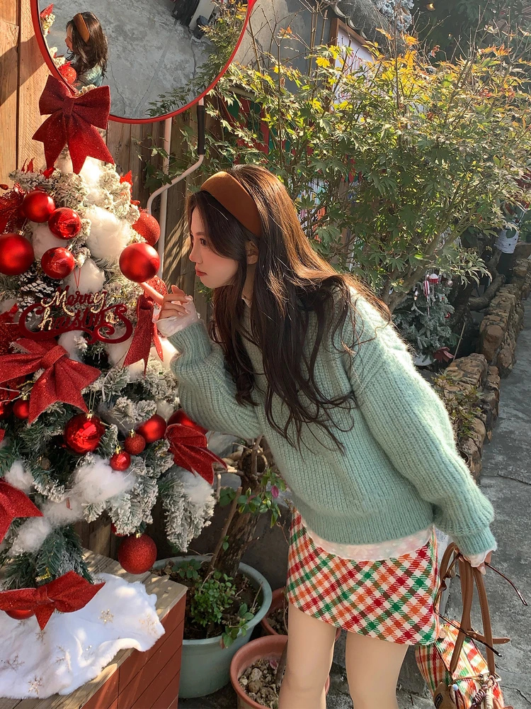 

Thiened зимний свитер женский повседневный универсальный однотонный длинный све теплый мягкий круглый топ из полиэфирного волокна