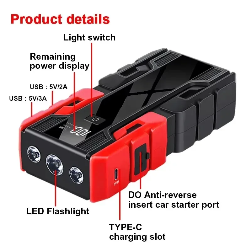 3000A Peak 12V Jump Starter Battery Booster for 6.5L Gas 5.5L Diesel Engine USB Fast Charger Power Bank Car Emergency LED Light