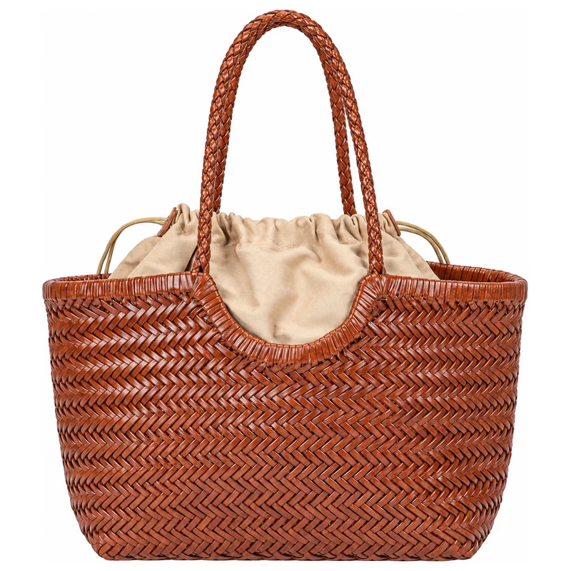 Women Genuine Leather Woven Tote Bag Vintage Braided Shoulder Handbag Large Capacity Drawstring Lining French Style Casual Purse