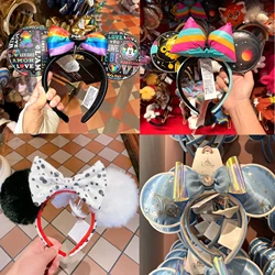 Disney Lilo& Stitch Mickey Mouse Headband Cartoon Embroidered Bow Stitch Metal Badge Shanghai Disneyland PU Leather Ear Headwear