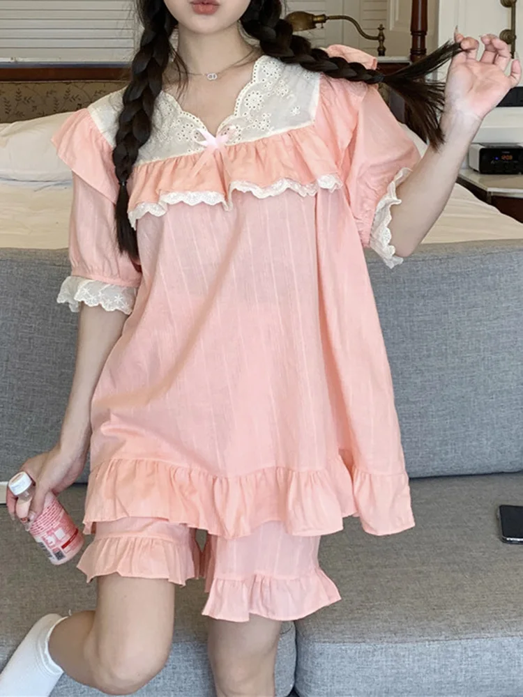 

Lace New Simple Sweet Princess Cute Short Sleeve Soft Summer Pajama Set Women Loose Solid Korean Style Casual Elegant Sleep Tops