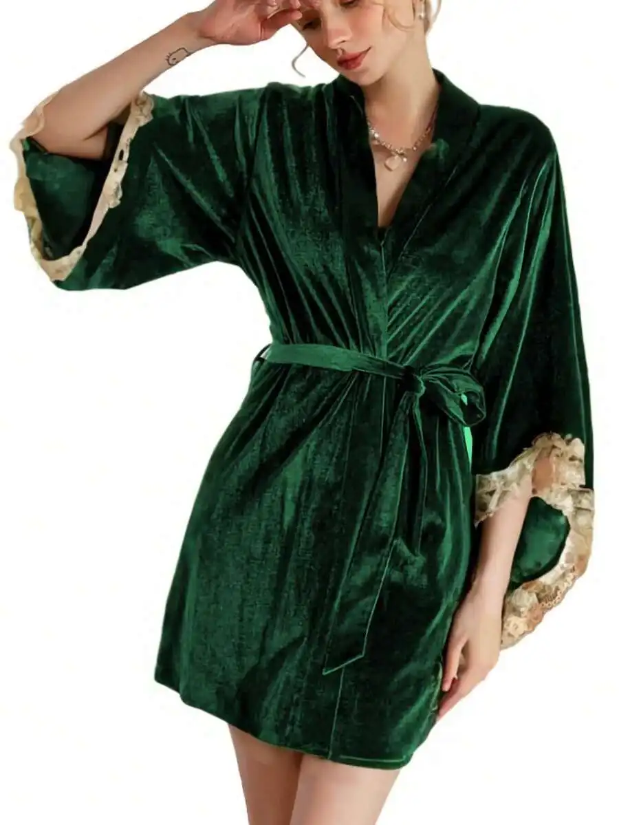 

Womens Velvet Kimono Robe Short Sleeve Lace Trim Bathrobe Nightgown