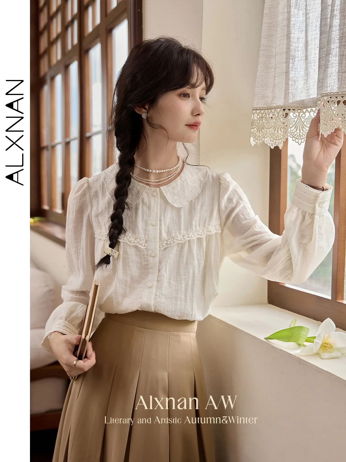 

ALXNAN Women's French Elegant Shirts 2024 Autumn Winter Sweet Doll Collar Long Sleeve Lace Patchwork Loose Casual Tops L396100