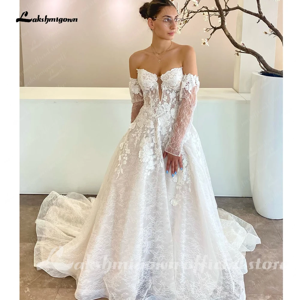 Lakshmigown Schulterfreies langes Brautkleid mit abnehmbaren Ärmeln, Sweetheart-Ausschnitt, vollständig aus Spitze, A-Linie, maßgeschneidert. – Detail 6