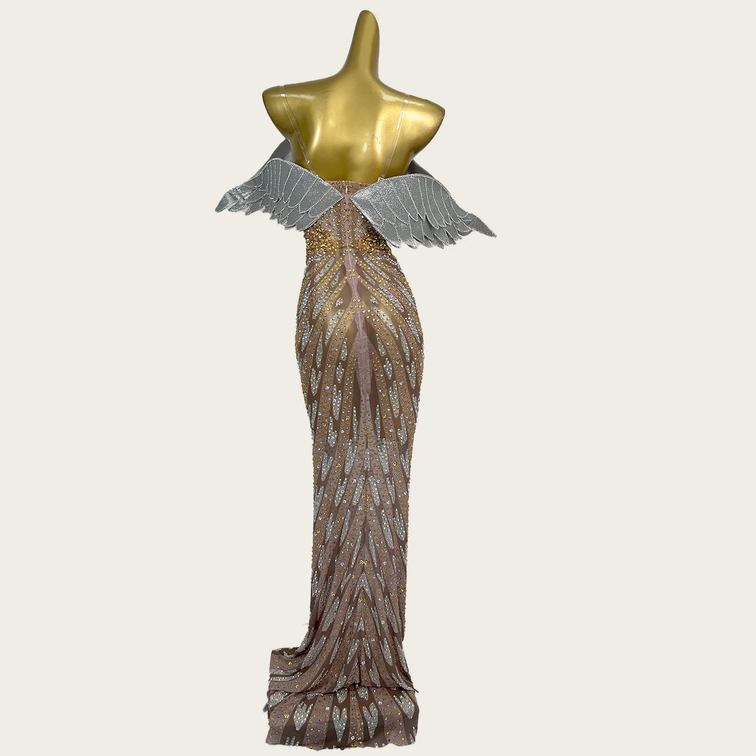 ชุดราตรีหรูหราแบบนางฟ้า ประดับคริสตัลระยิบระยับ ยาวกรอมพื้น สายเดี่ยว ดีไซน์ปีกนางฟ้า สำหรับงานปาร์ตี้หรืองานพรอม รุ่น Yuyi