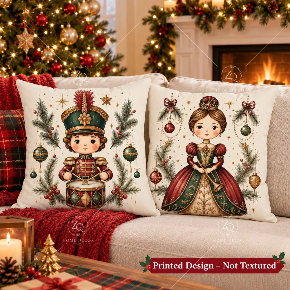 Christmas Nutcracker Pillow Cover Peach Skin 2D Flat Printed Cushion Case Soldier Princess Throw Pillowcase Living Room Sofa