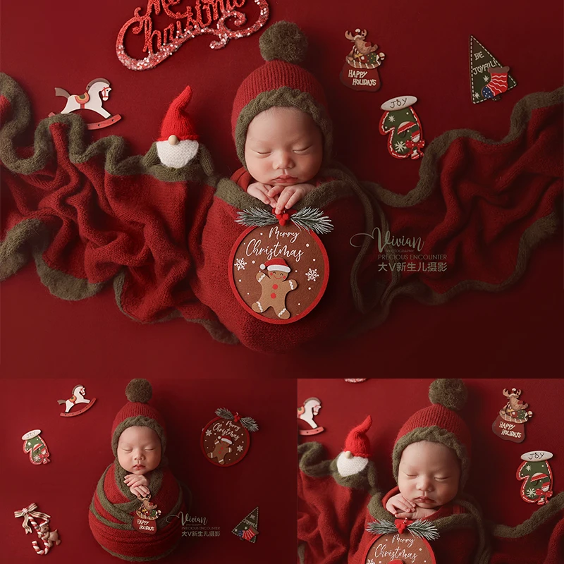 Christmas-Themed Knit Color-Block Swaddle + Baby Hat Newborn Photography Props Christmas Scene Decorations 0-1M Infants Costumes