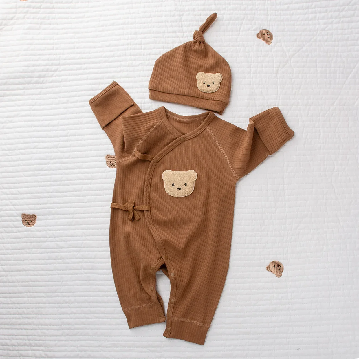 Custom Long Sleeved Jumpsuits for Boys And Girls with Embroidered Teddy Bear Names - Soft Newborn Bottomed Pajamas