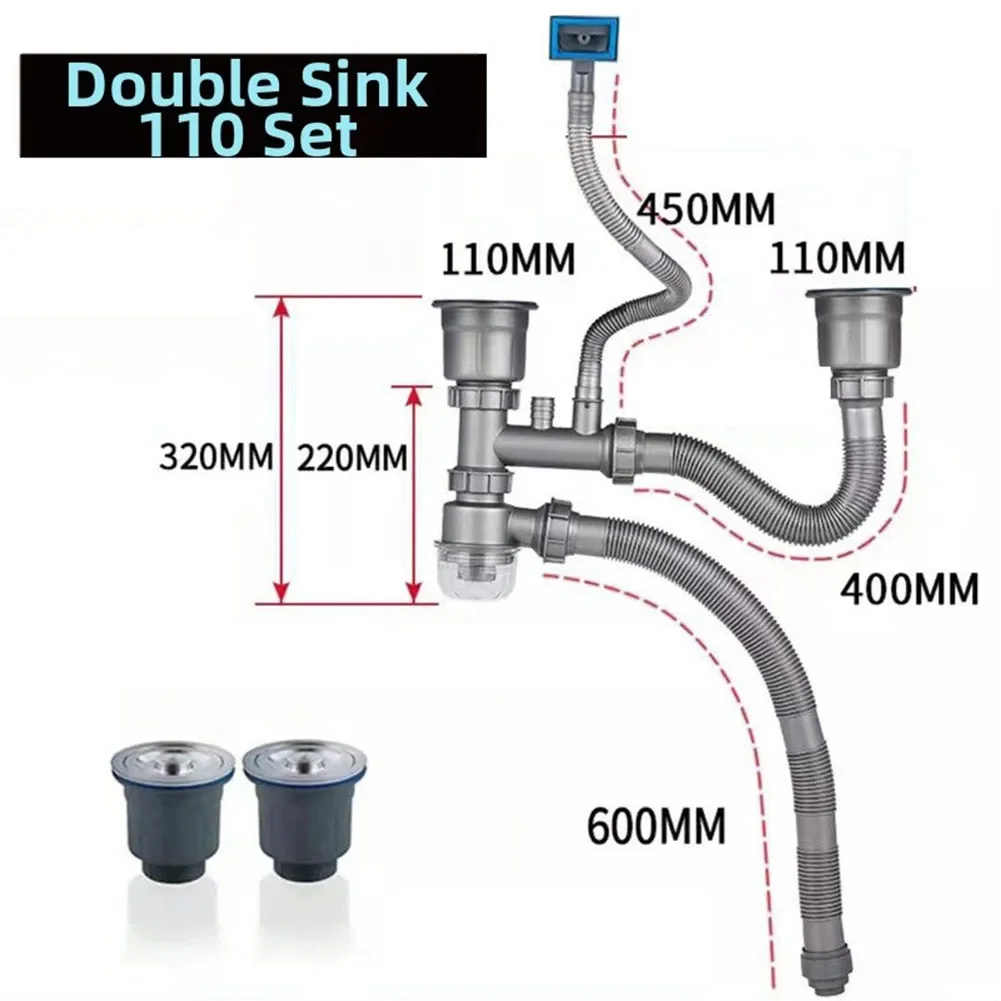 Sturdy Duty Double Bowl Sink Drain Kit Anti smell P Trap with Extension for Kitchen Sink Drainage PP 40 33 15CM Gray Fast Fit