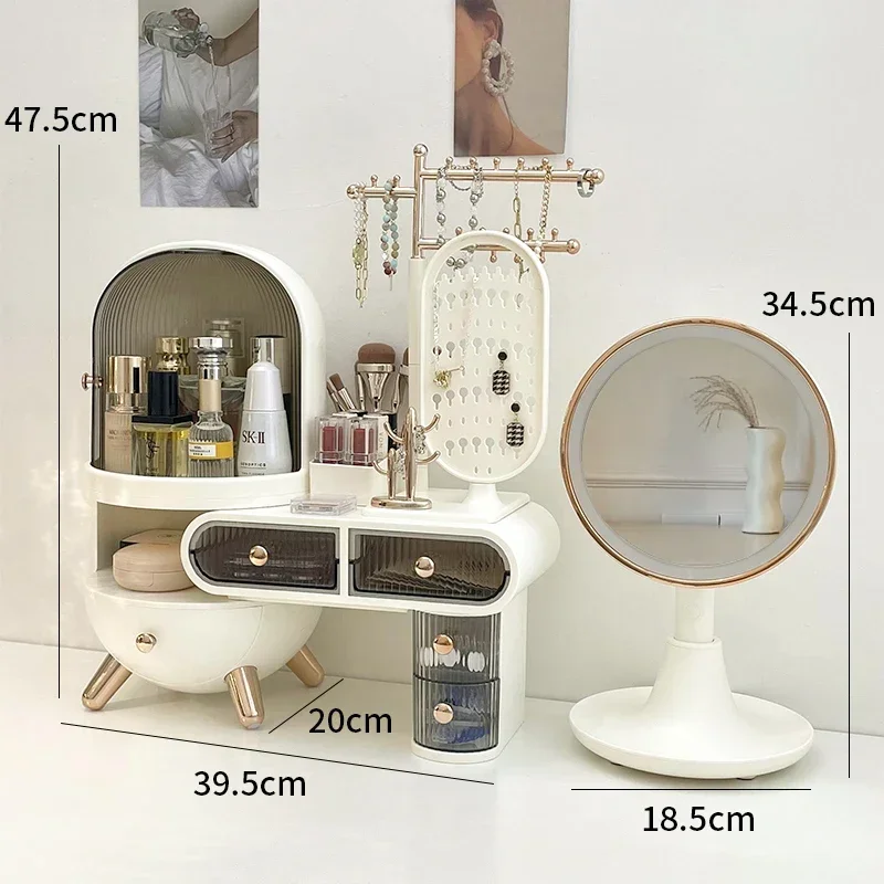 

Dressing Table Cosmetics Storage Box Desktop Jewelry Dust-Proof Table Rack with Mirror