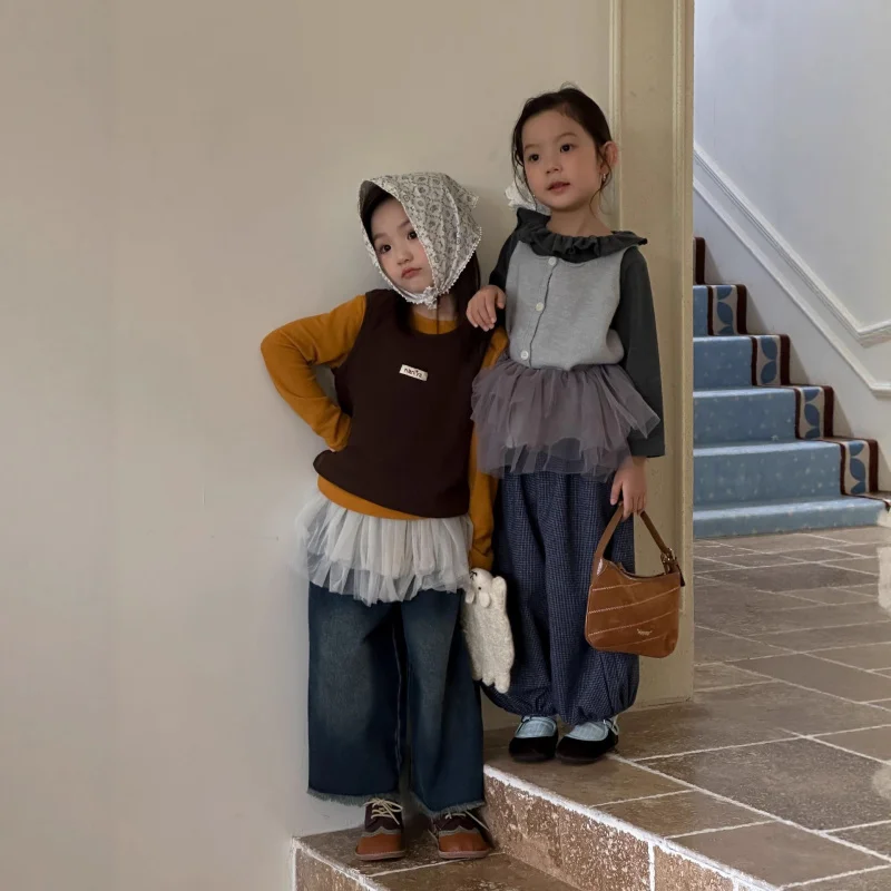 

2025Autumn New Korean Style Loose Fit Versatile Long Sleeve Top and Base Shirt Two-Piece Set for Young Girls