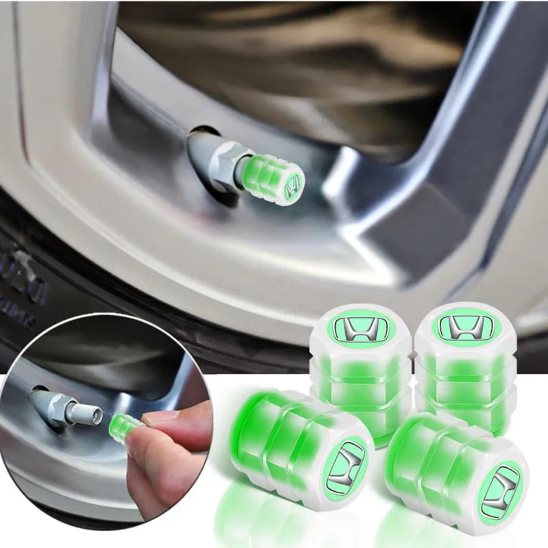 4pc Fluorescent Car Wheel Tire Valve Stem Cap Airdust Waterproof Cover For Honda CIVIC Mugen INSPIRE Type R Type S Si RR Insight