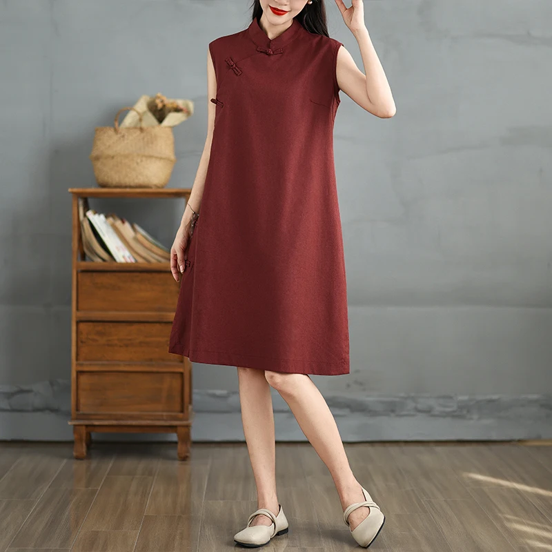 Zomer Nieuwe Plus Size Button Up Dr Midi Rode Etnische Sle Rok Met Kant Knoop Chinese Traditionele Faion Dames...