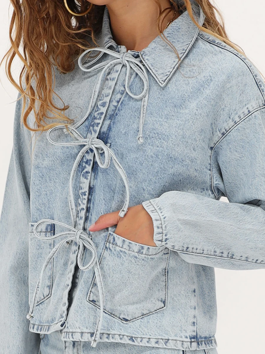 Women's Bow Tie UP Front Denim Jacket Autumn Long Sleeve Turn Down Collar Coat Shacket Tops Shirt with Pockets Cowboy Outerwear