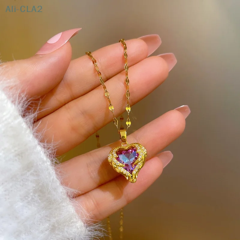 Fashion Ocean Heart Necklace Heart Angel Wings Colorful Crystal Pendant Chain Necklace Wedding Jewelry Gifts For Women Girls image 5